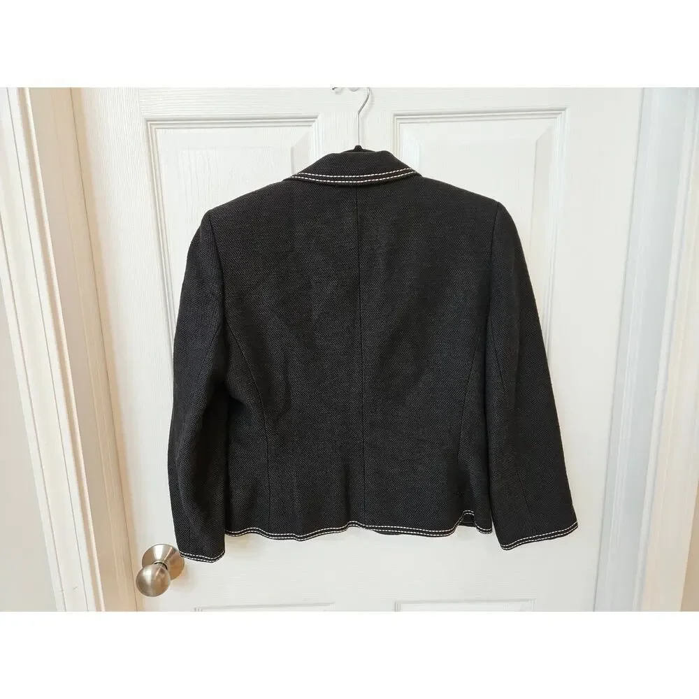 Ann Taylor Wool Blend Blazer Jacket Black White Contrast Stitch Career Size 8